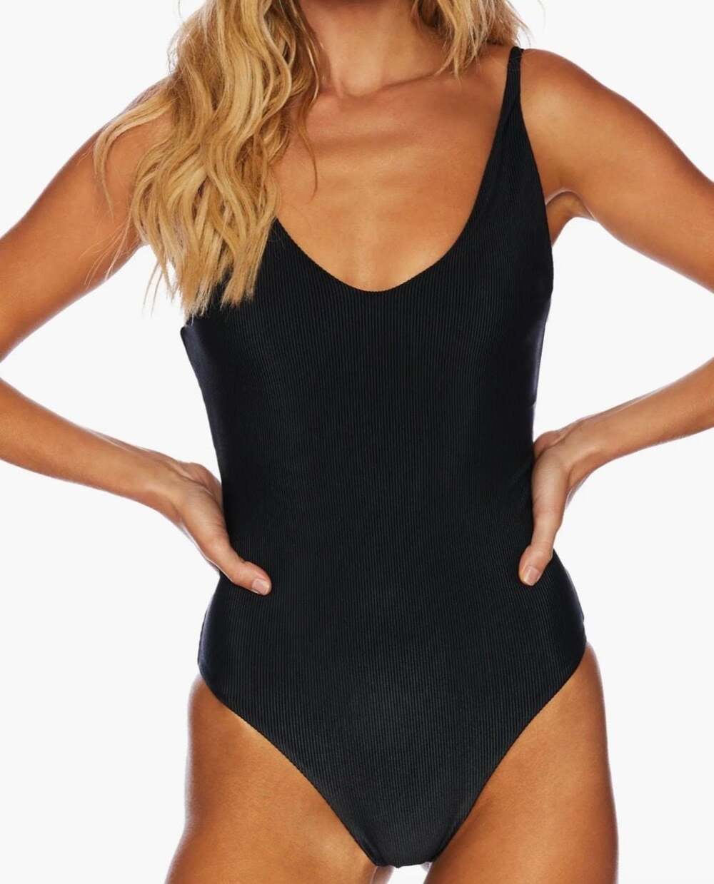 Beach Riot Ribbed V-Neck One-Piece Swimsuit in Black